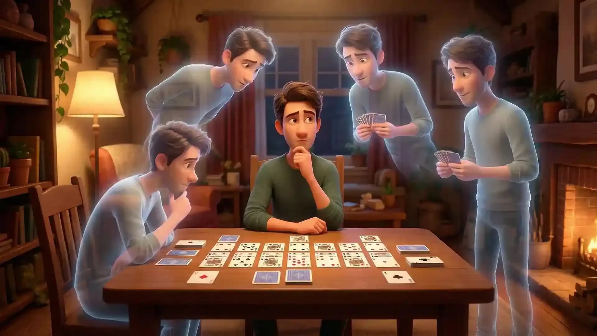 Player analyzing a solitaire card game with multiple possible moves, illustrating the odds of winning solitaire and decision-making strategy.