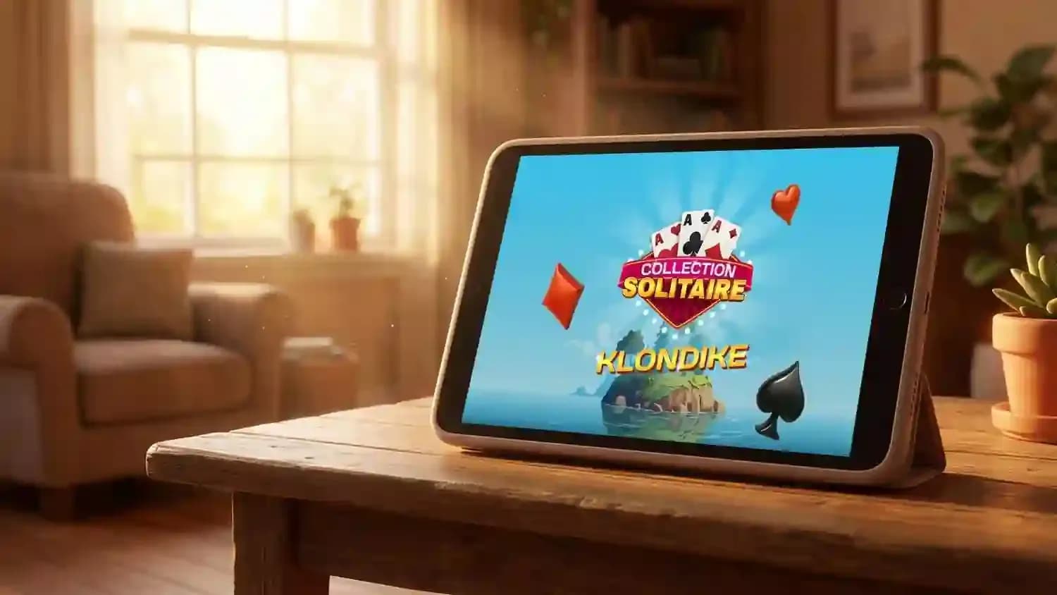 Tablet showing Klondike Solitaire app gameplay in living room setting