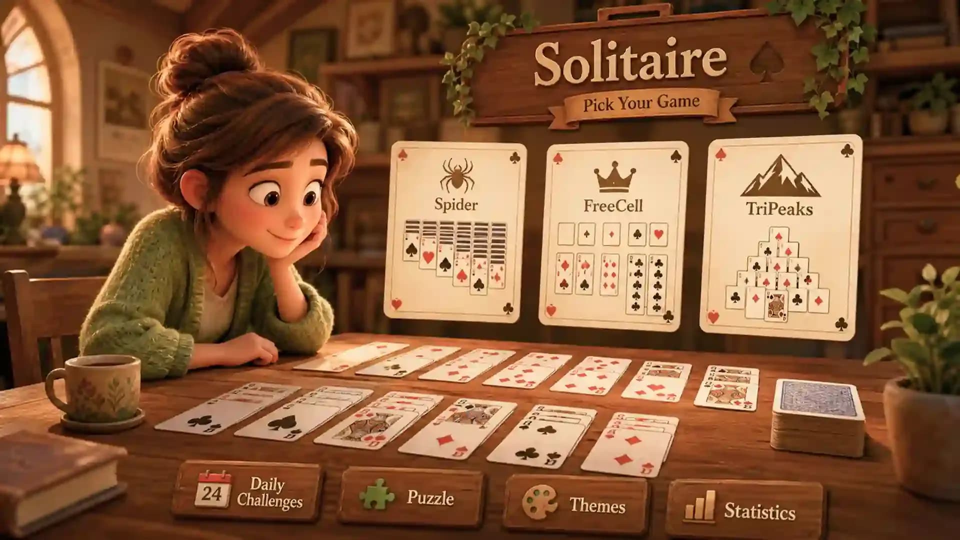 Player exploring different solitaire game variations including Spider, FreeCell, and TriPeaks on a cozy card game setup.