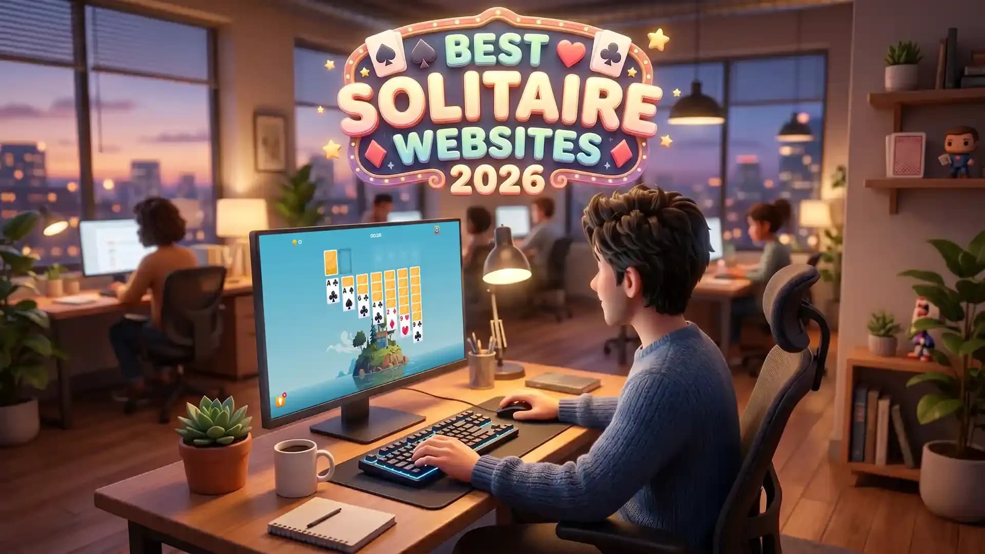 Person playing solitaire on a desktop computer while comparing the best solitaire websites for speed, usability, and ad-free gameplay in 2026.
