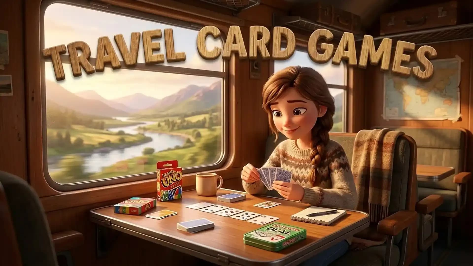 Traveler playing card games on a train with a compact travel card game deck during a scenic journey.