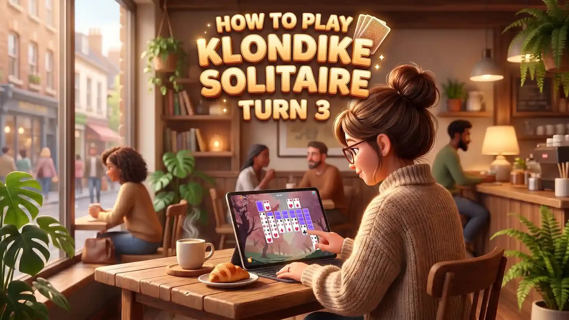 Person playing Klondike Solitaire Turn 3 on a tablet in a café, demonstrating the draw-three format and strategic gameplay of classic solitaire.