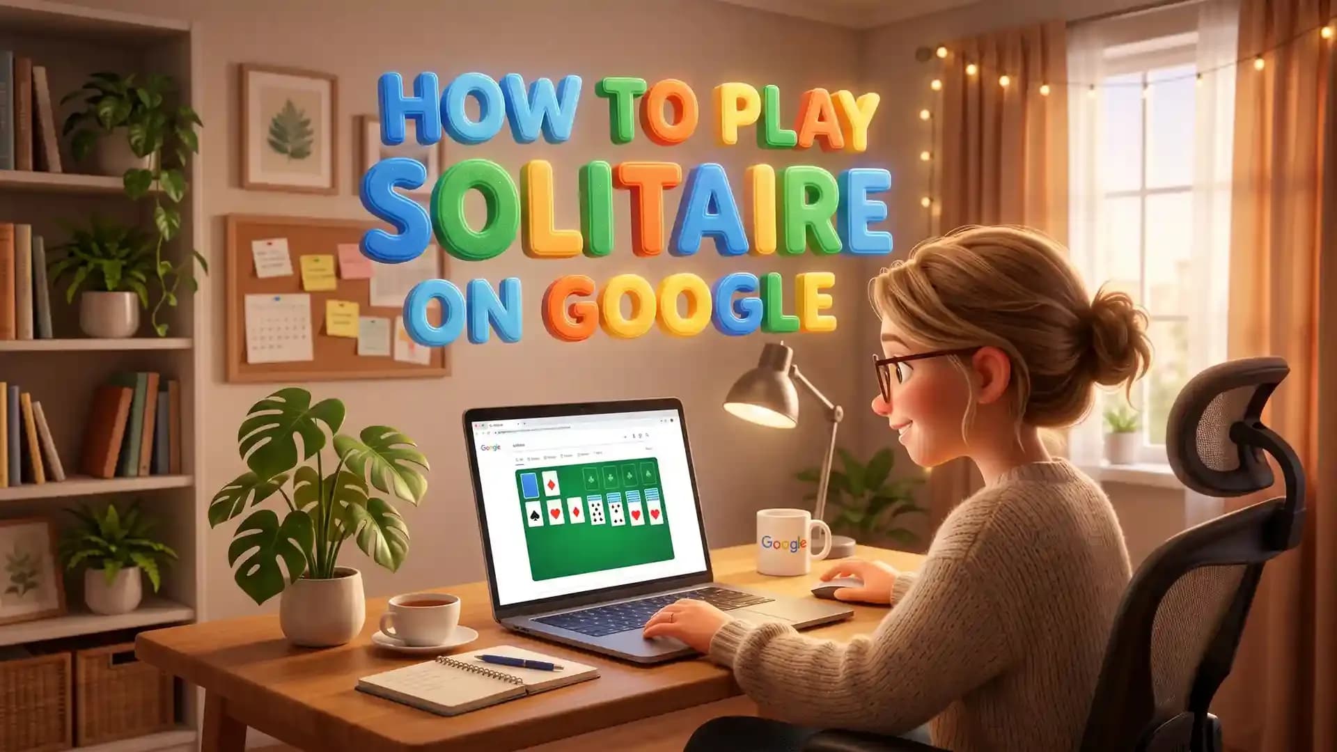 Person playing Google Solitaire on a laptop at a desk, demonstrating how to play Solitaire on Google, understand game modes, and improve winning strategies.
