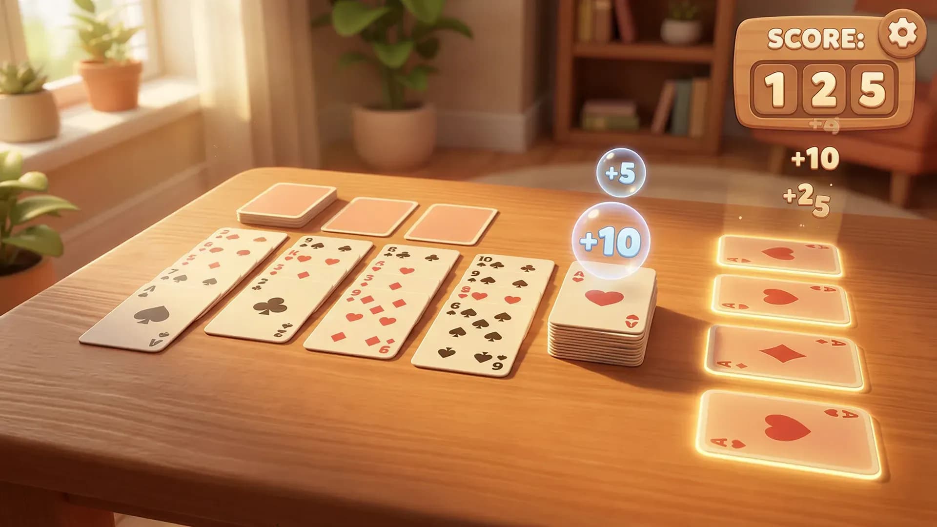 Solitaire scoring system showing points earned during gameplay