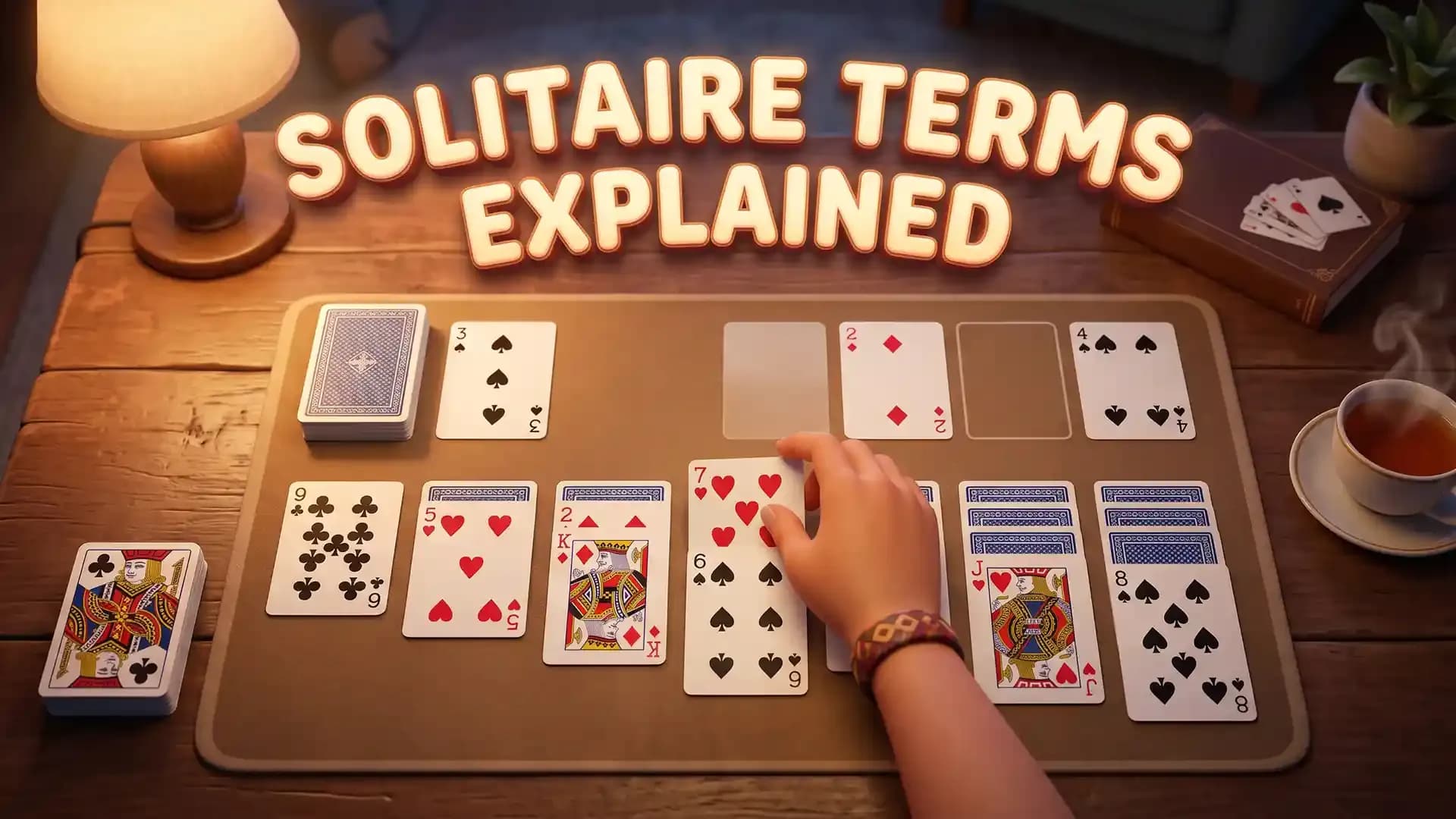 Solitaire game layout with cards arranged on a table, illustrating common solitaire terms and card movement concepts used in online and classic solitaire games.