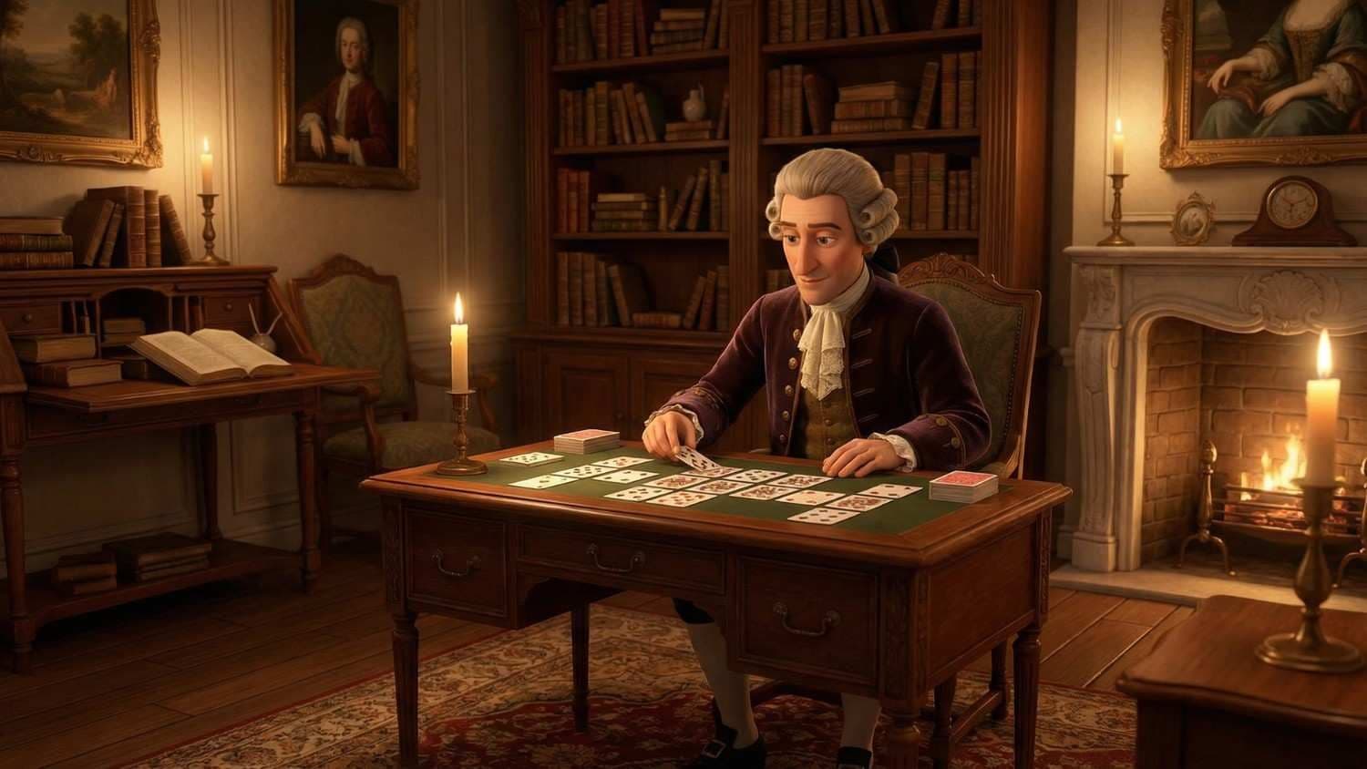 18th-century European gentleman playing solitaire by candlelight, representing the origins and early history of the solitaire card game.